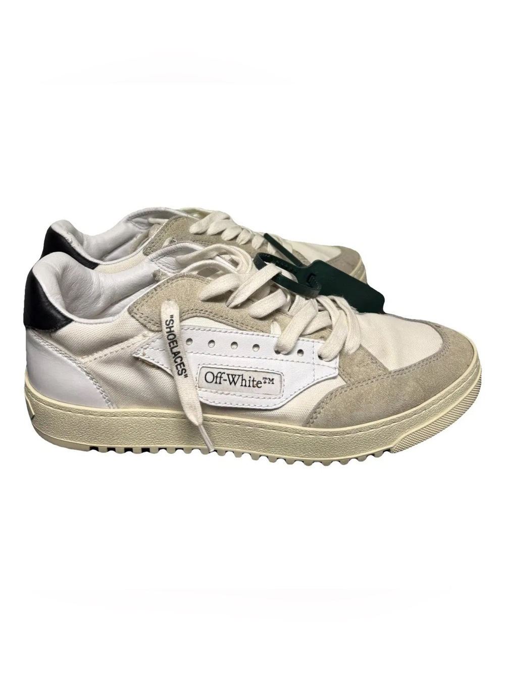 Off-White White & Beige Low-Top Sneakers with Green Zip Tie E74-105